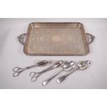 A silver plated engraved gallery tray with cast handles, 16" x 11", together with two pairs of salad