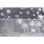 An etched glass panel of flowers in a desert scene signed Florous, 26" x 18"