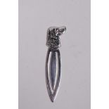 A sterling silver bookmark with a dog's head finial, 2" long