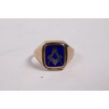 A 9ct gold signet ring with swivel panel, blank one side and enamelled Masonic emblem verso, 4.9g,