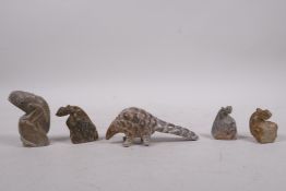 A collection of five carved soapstone ornaments, four lizards and an anteater, longest 5"