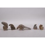 A collection of five carved soapstone ornaments, four lizards and an anteater, longest 5"