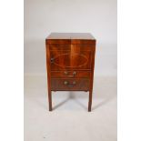 A George III inlaid mahogany washstand with fold out top revealing fitted wells, and pot cupboard