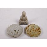 A Chinese jade ornament with carved dragon and Buddha decoration, together with a jade carving of