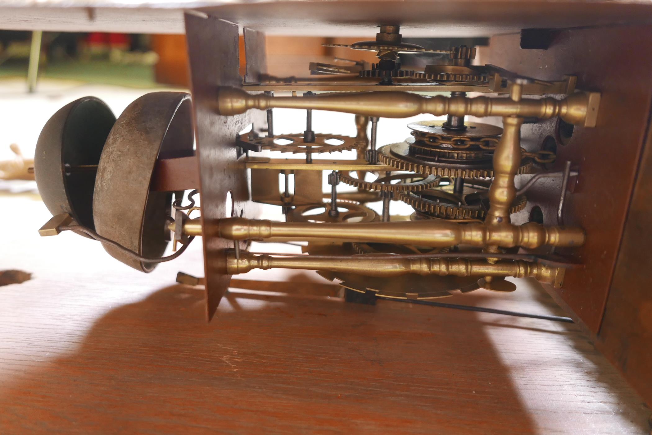 A C19th Dutch Staart clock, oak case with painted arched dial, brass spandrels and gilt metal - Image 5 of 6