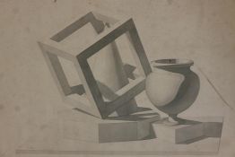 Mary W. Johnstone, early C20th, three mounted perspective and still life pencil and watercolour