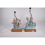 A vintage continental ceramic table lamp, couple by a fountain, and another of a woman on horseback,