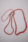 Three antique coral necklaces, longest 24"