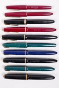 A collection of assorted Parker fountain pens including 'Duofold', '17's', 'Lady' and 'Slimfold',