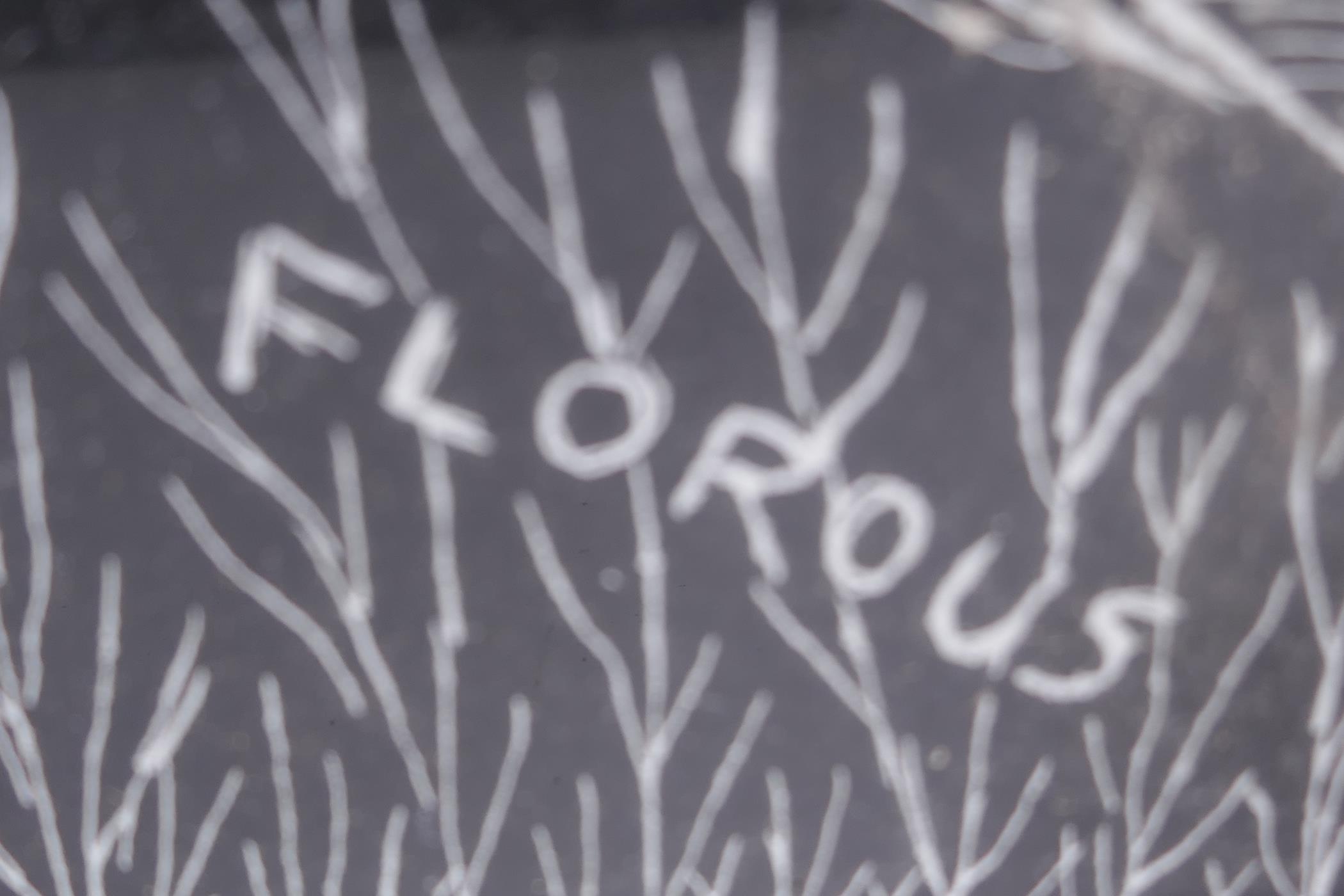 An etched glass panel of flowers in a desert scene signed Florous, 26" x 18" - Image 2 of 2