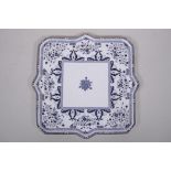 A Minton blue and white porcelain cake tray with a gilt edge, 16" x 16"