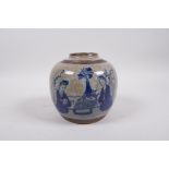 A Chinese Republic blue and white crackle glazed jar, with bronze style bands, decorated with