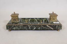 A C19th French vert de mer marble and brass mounted desk stand fitted with two inkwells and pen