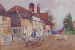 J. Thwaite-Irving, naive village street scene, watercolour, signed, 7" x 10"