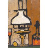 Colin Ruffell, modernist still life, oil lamp, decanter and glass, oil on board, 7½" x 9½"