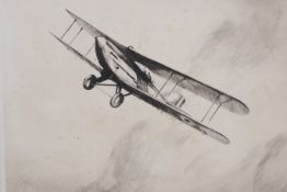 Geoffrey Watson, signed etching, study of an early aircraft in flight, 10½" x 13½"