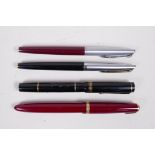 A collection of four fountain pens to include 'The Burnham' a Parker 'Maxima Duofold' and two