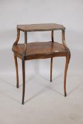 A French marquetry inlaid rosewood two tier etagere, with brass mounts, raised on shaped supports,