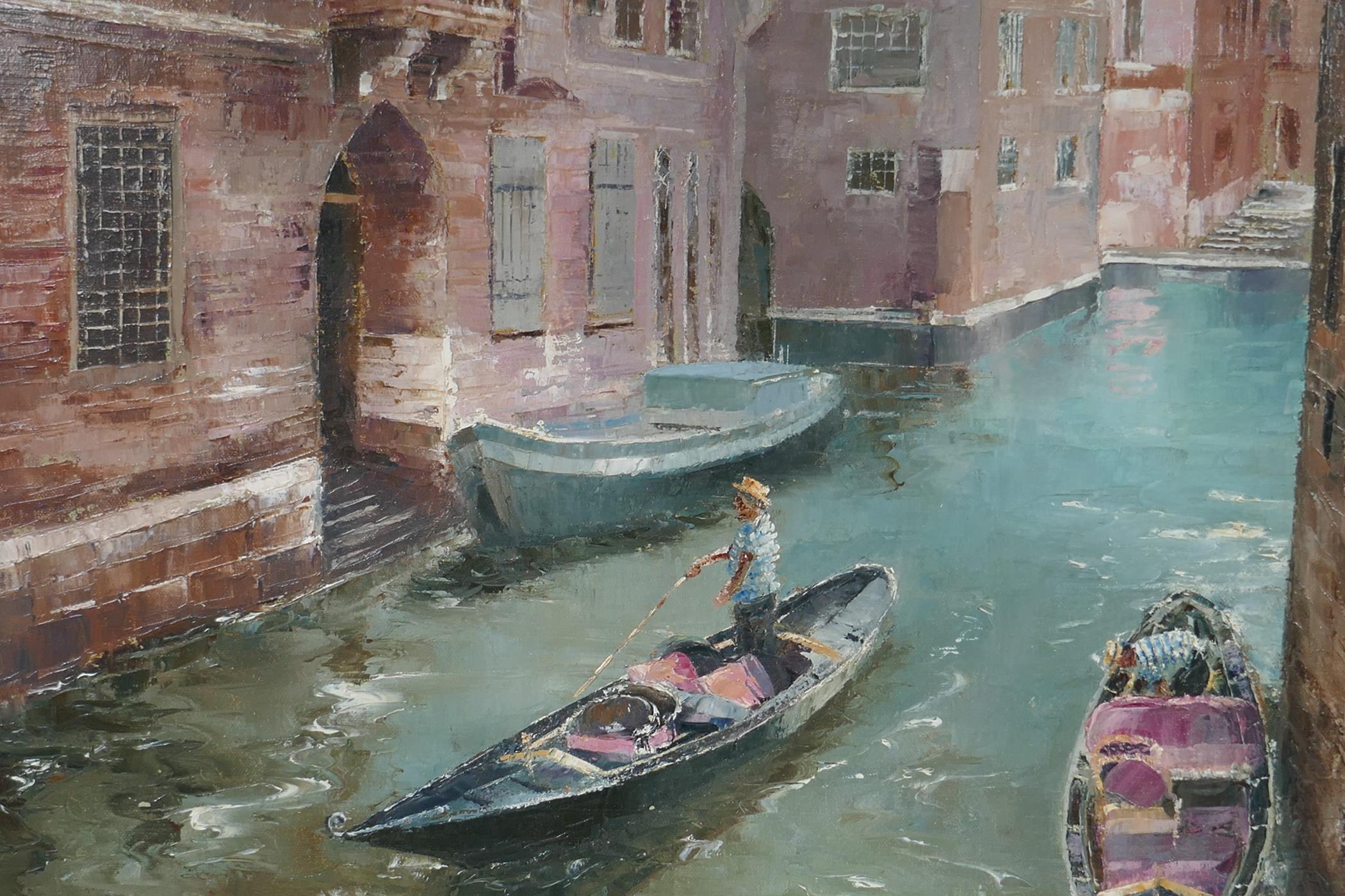 Adams, Venetian backwater canal scene with a gondola, oil on canvas, 22" x 16" - Image 2 of 5