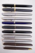 A collection of Parker Sonnet fountain pens, and two other Parker pens, some with gold nibs, 5" long