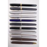 A collection of Parker Sonnet fountain pens, and two other Parker pens, some with gold nibs, 5" long