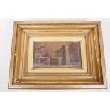 An oil on board of a barn interior with water pump, 8" x 4½", in a good gilt frame