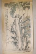 A Chinese watercolour scroll depicting a rocky outcrop with banana palms and flowers, character