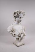 A painted reconstituted stone bust of a girl, 18" high