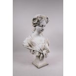 A painted reconstituted stone bust of a girl, 18" high