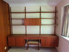 A 1960s Danish modular teak three bay wall unit, probably by Poul Cadovius, with adaptions, each bay