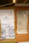 Two Chinese scroll pictures of landscapes, both with calligraphy and seal marks, longest 43" x 19"