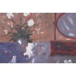 Still life with flowers and a toilet mirror, signed Moroney, oil sketch on board, 15½" x 19½"