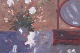 Still life with flowers and a toilet mirror, signed Moroney, oil sketch on board, 15½" x 19½"