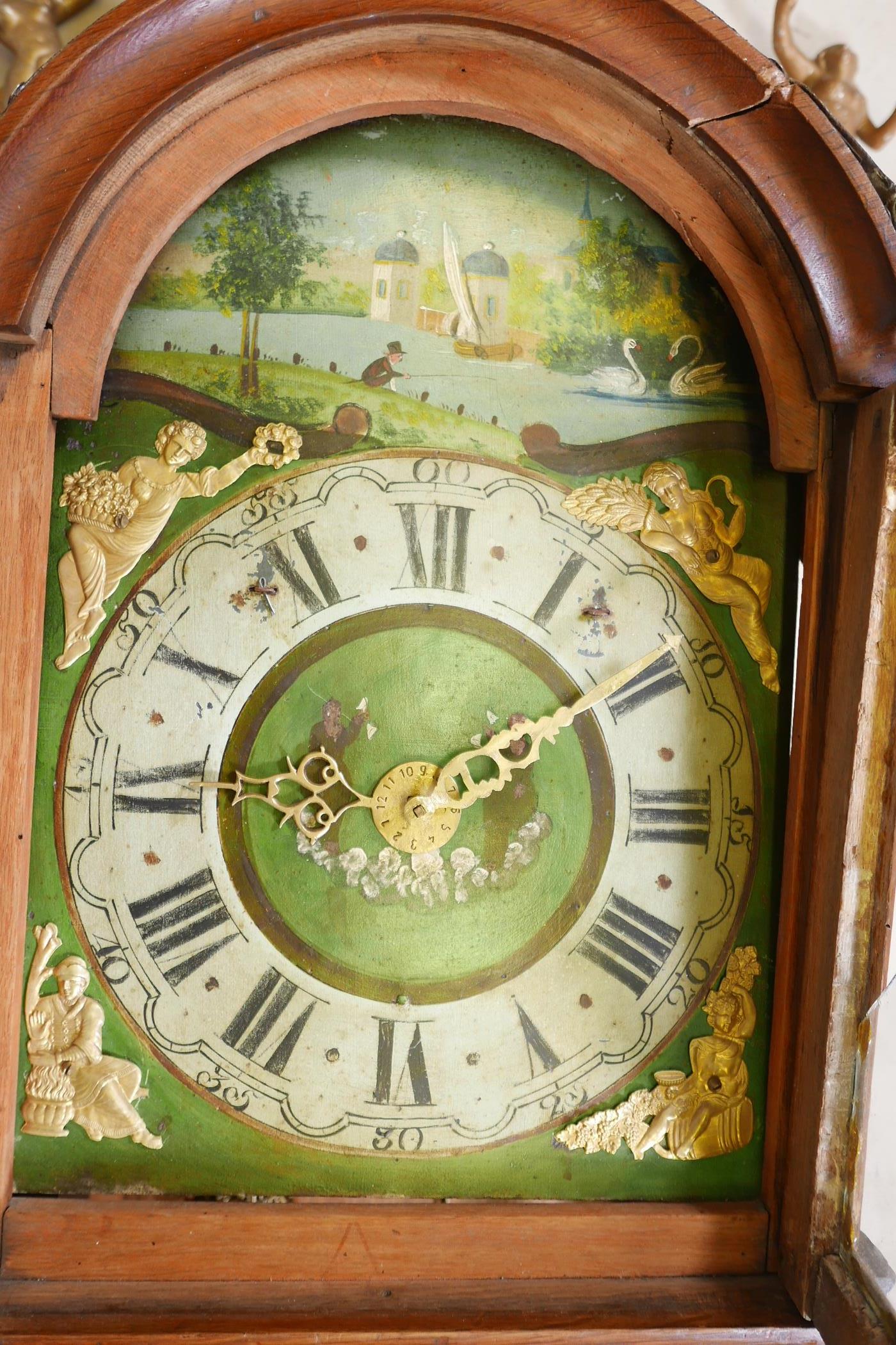 A C19th Dutch Staart clock, oak case with painted arched dial, brass spandrels and gilt metal - Image 4 of 6