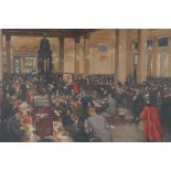 Terence Cuneo, colour print 'The underwriting room at Lloyds', 23" x 20", together with an