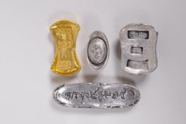 Three Chinese white metal trade tokens/ingots with impressed character marks, and another in gilt