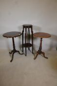 Two C19th mahogany pedestal coffee tables, and a mahogany plant stand