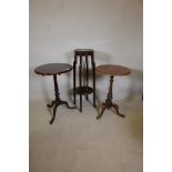 Two C19th mahogany pedestal coffee tables, and a mahogany plant stand