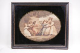 A C19th Mezzotint of children in a tug of war, mounted in an eglomise matte, 18" x 13½"