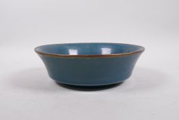 A Song style teal glazed pottery dish with chased and gilt character inscription to the bowl and