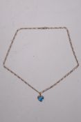 A 9ct gold chain, 18" approx 4g with heart shaped pendant set with blue topaz