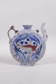 A Chinese blue and white porcelain teapot of slender form, with red carp decoration, 6½" high