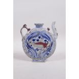 A Chinese blue and white porcelain teapot of slender form, with red carp decoration, 6½" high