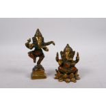 An Indian bronze of Ganesh seated on a lotus throne, and another Ganesh seated on a plinth,