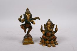 An Indian bronze of Ganesh seated on a lotus throne, and another Ganesh seated on a plinth,