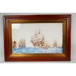 Herbert C. Ahier, British three masted warships anchored in a bay, signed, in a good maple frame,
