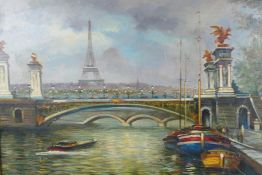 After Jules R. Herve, Impressionist view down the Seine with the Eiffel Tower in the distance, 28" x