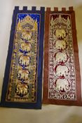 Two Burmese sequinned stumpwork wall hangings, largest 64" x 21"