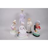 Five Royal Doulton figurines, two from The Nursery Rhymes Collection, 'Little Miss Muffett' and 'Tom