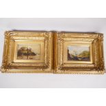 A pair of gilt framed oils on panel, a river mouth with sailing barge and landscape with distant